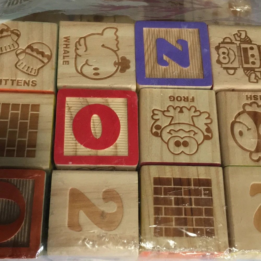 2” wooden blocks with numbers, letters, animals, and nouns